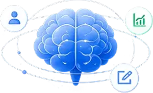 Glowing blue brain illustration surrounded by user profile and analytics icons representing ekko Profile Brain AI.