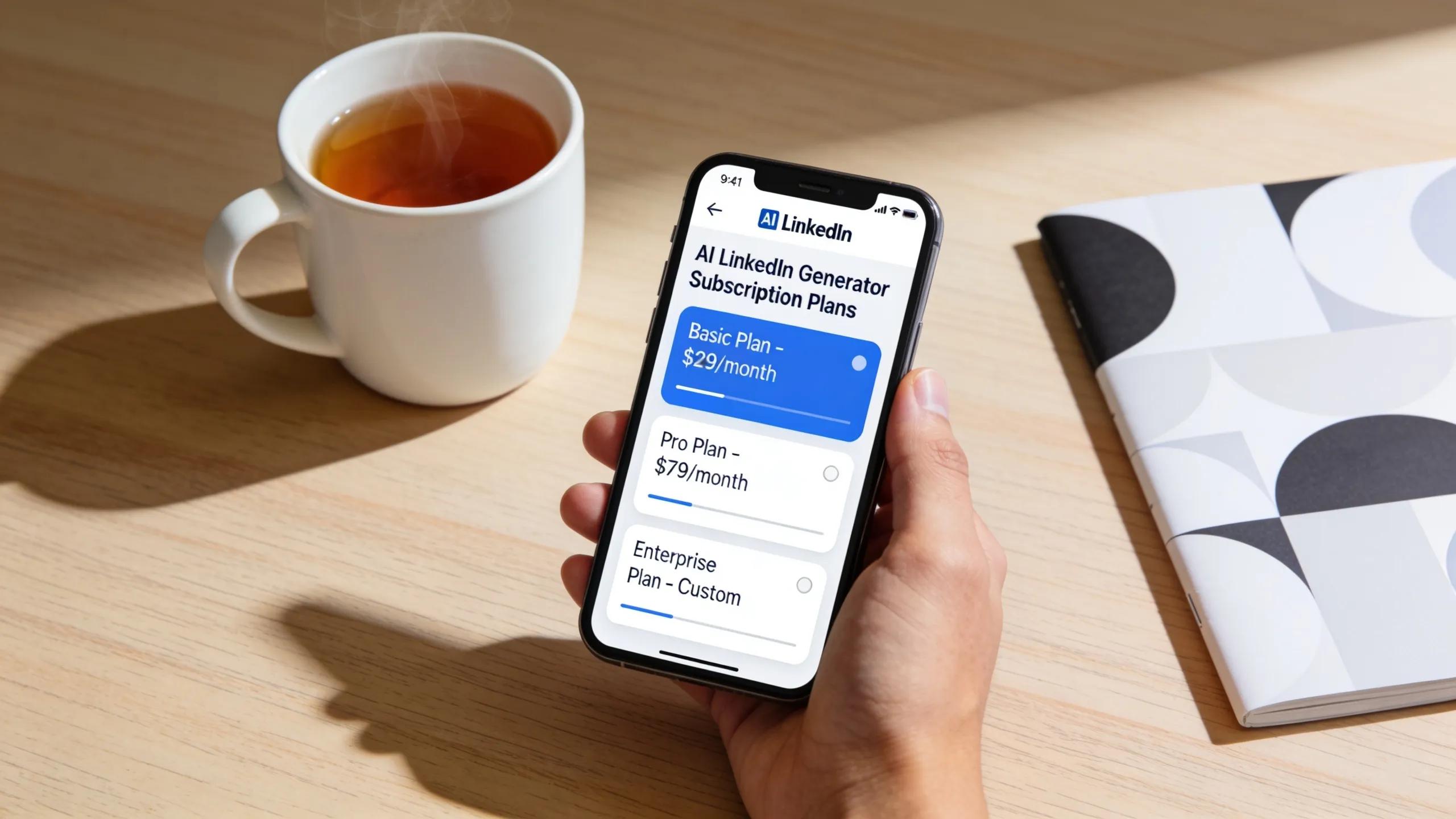 Smartphone showing pricing options for AI LinkedIn post generator, representing economical choices for professionals.