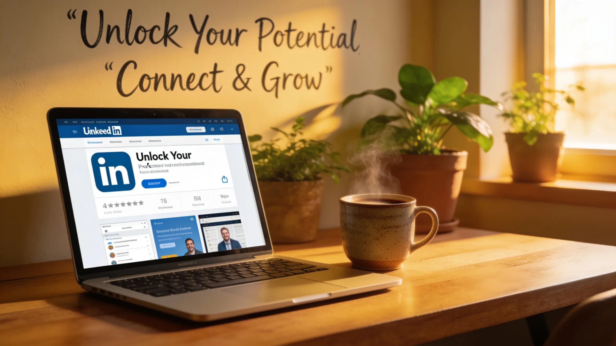Engaging workspace with a laptop displaying LinkedIn to represent AI LinkedIn post generators and professional branding.