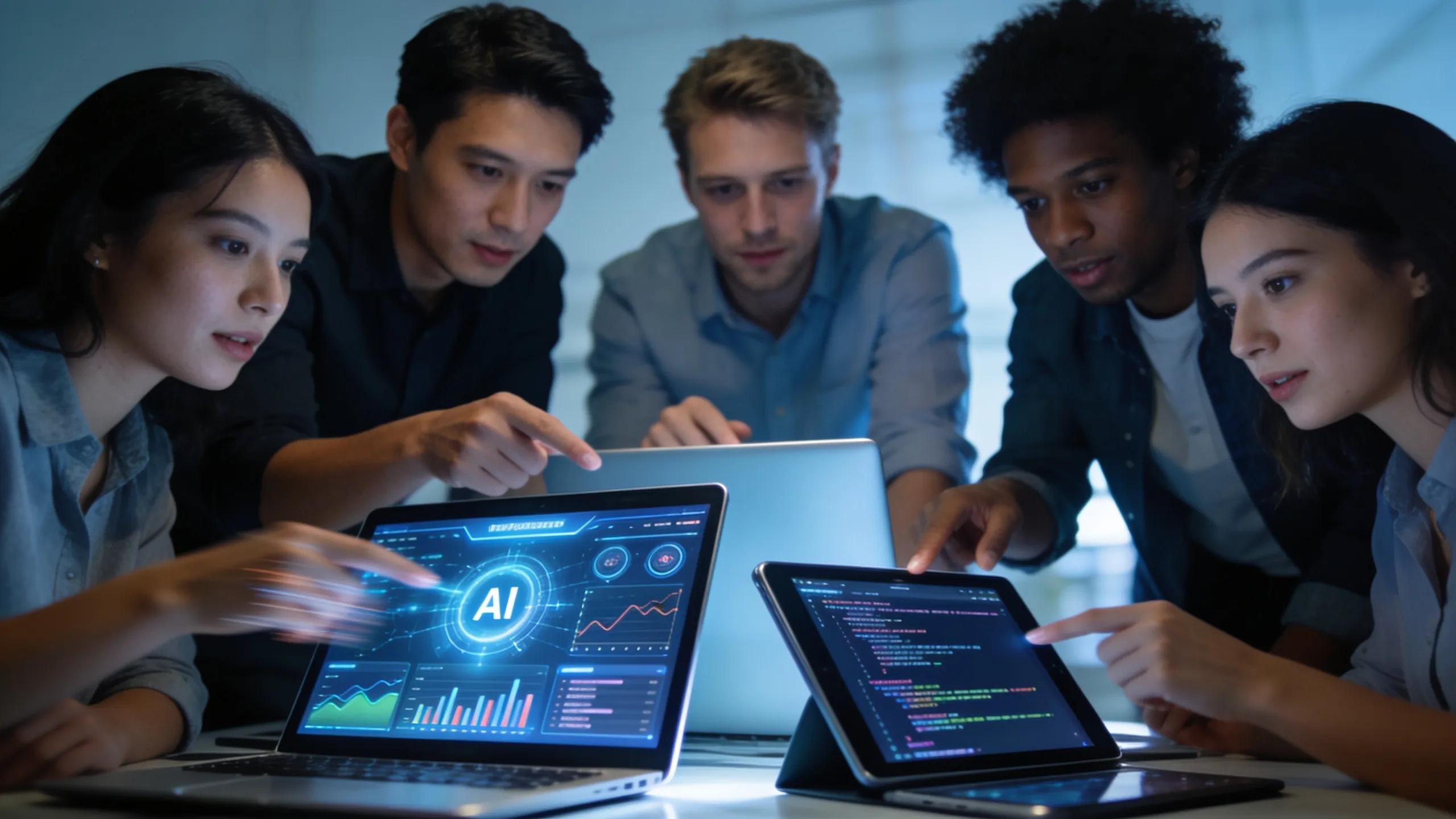 Team collaborating on AI-driven content creation tools in a contemporary office space