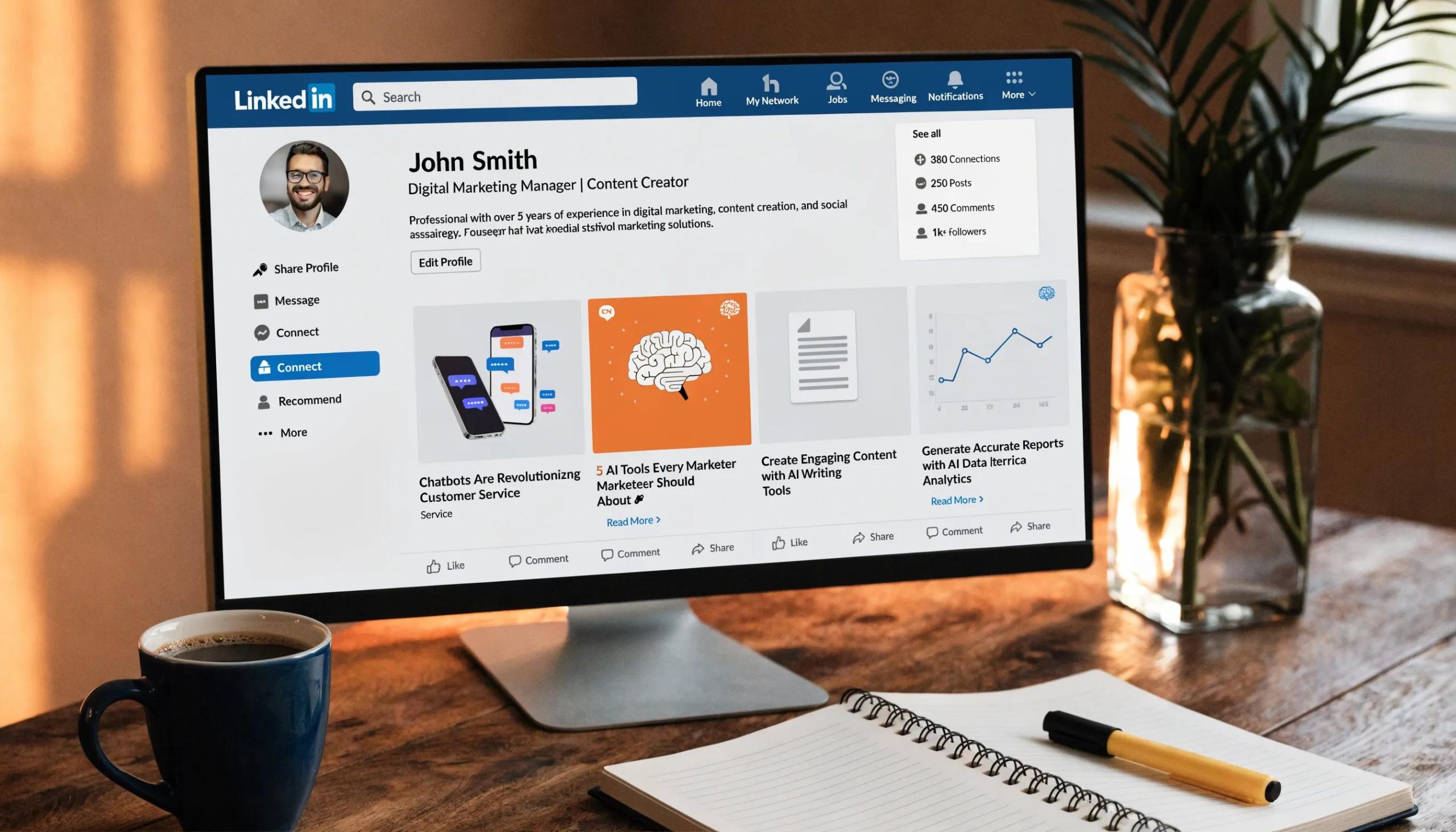 Close-up of an optimized LinkedIn profile enhanced by AI tools