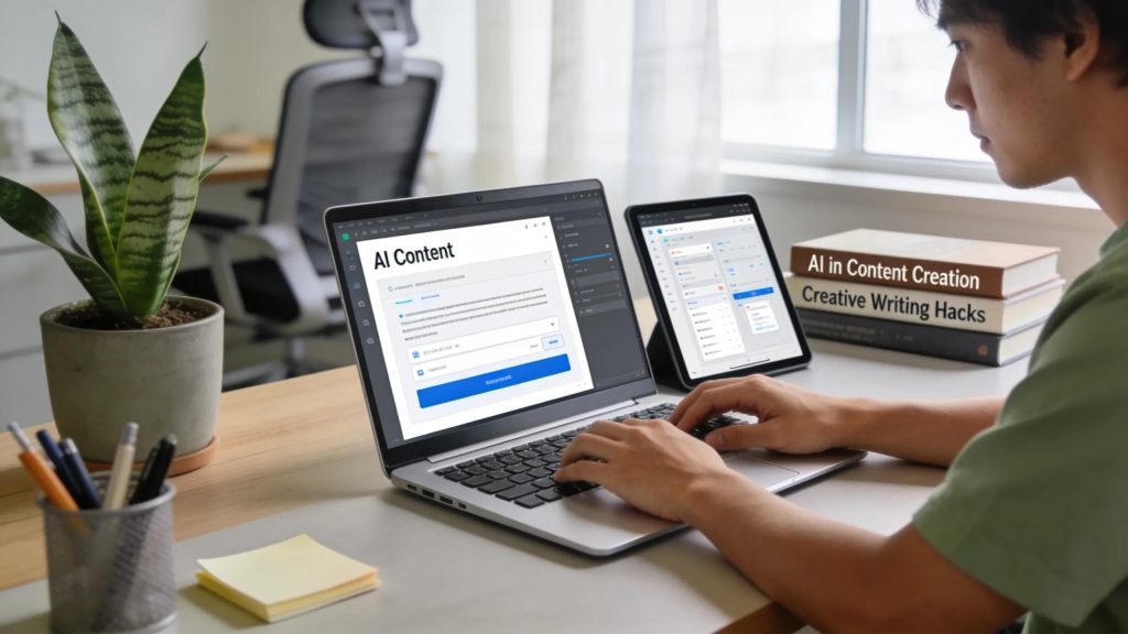 Person using a laptop in a modern workspace to enhance their content creation process