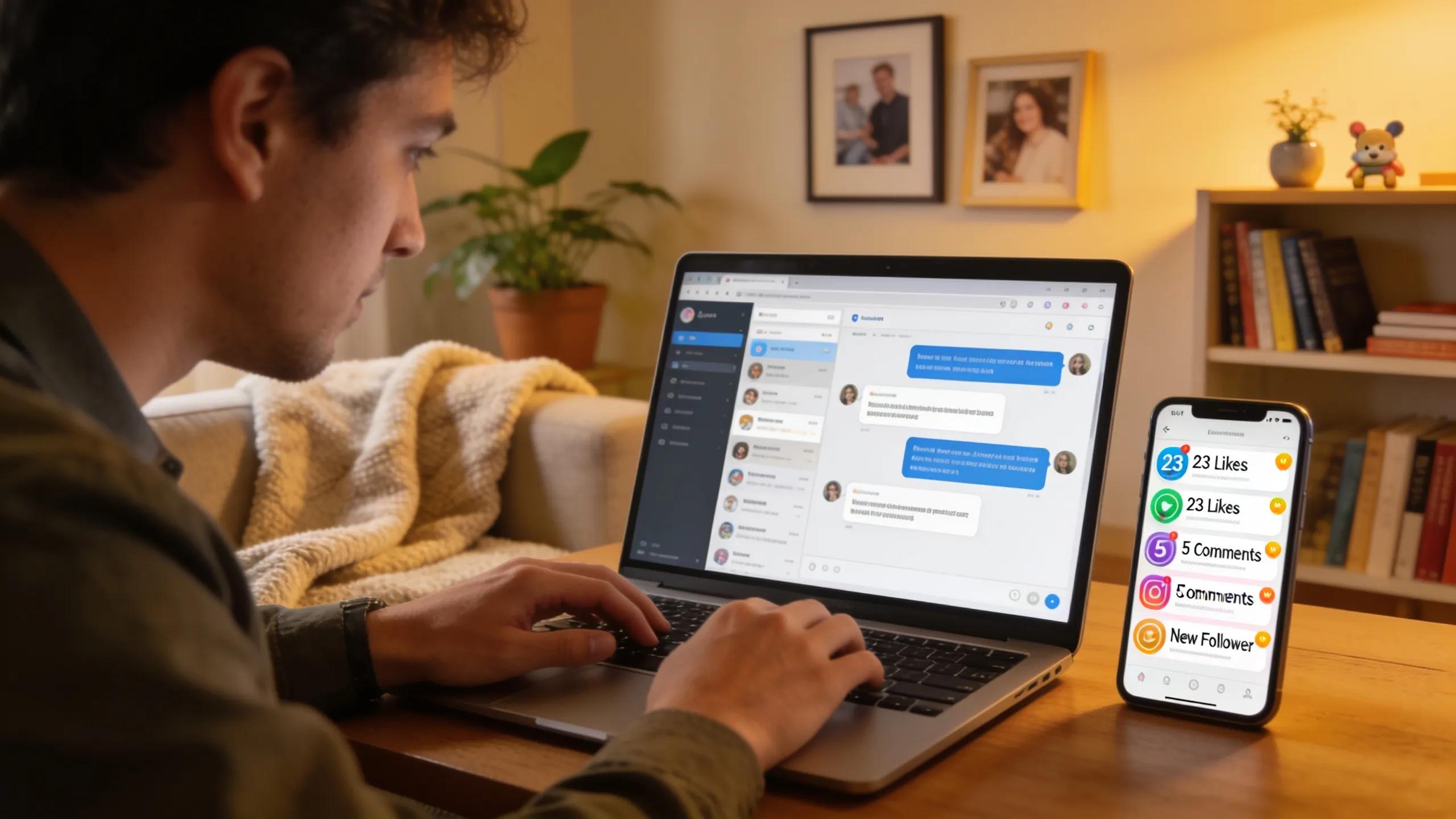 Professional engaging with audience on social media in a cozy setting