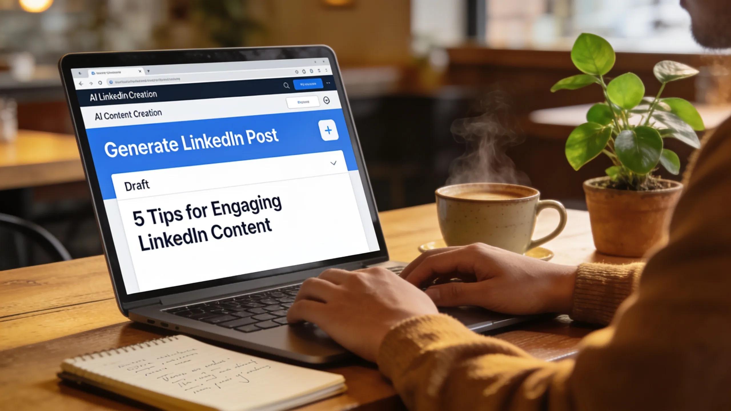 Creative workspace showing a user engaged with an AI tool for LinkedIn post generation, highlighting content creation features.