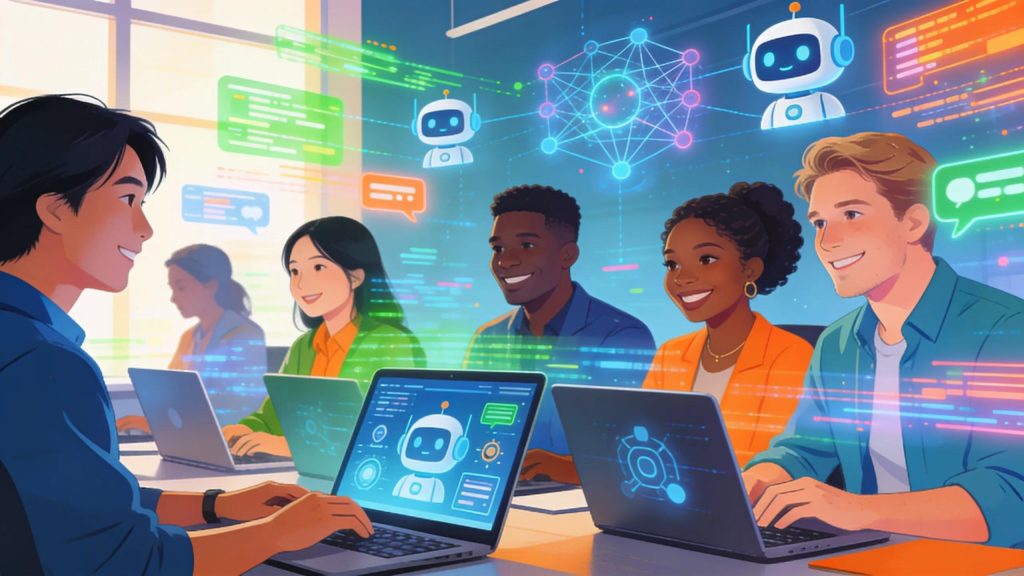 Diverse professionals interacting with AI tools for personal branding