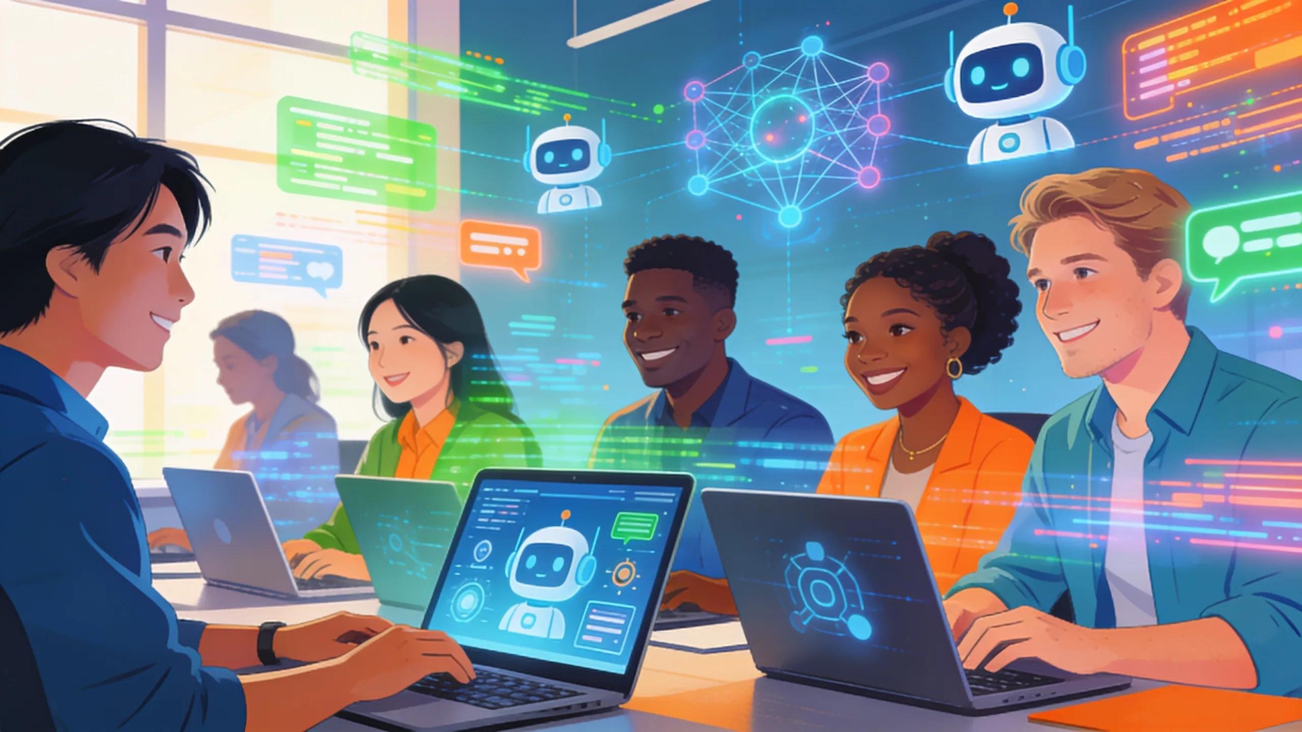 Diverse professionals interacting with AI tools for personal branding