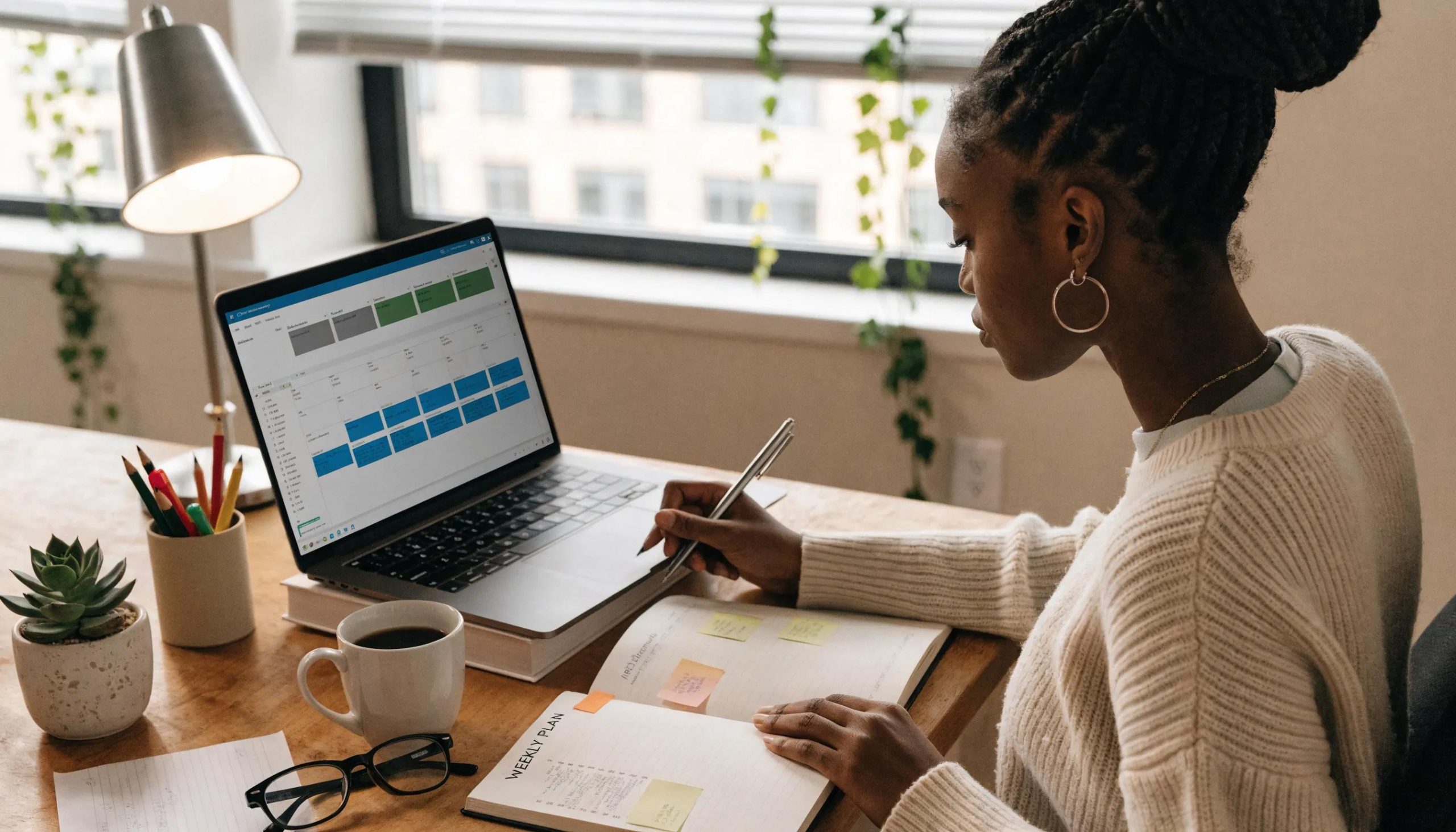 Content calendar and tools for effective scheduling on a well-organized desk