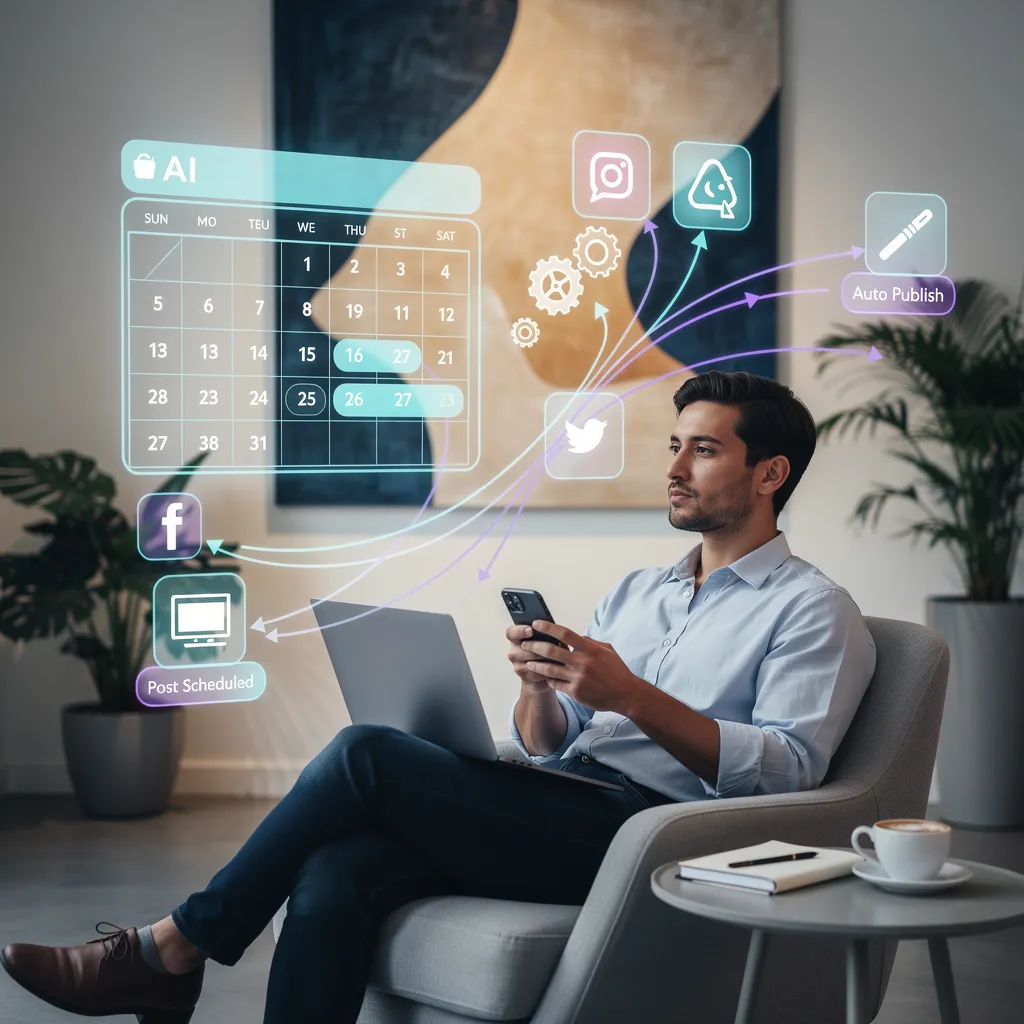small business owner scheduling LinkedIn posts with AI tool