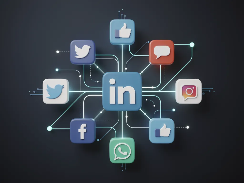 Social media platform icons connected to LinkedIn, illustrating multi-platform scheduling and integration.