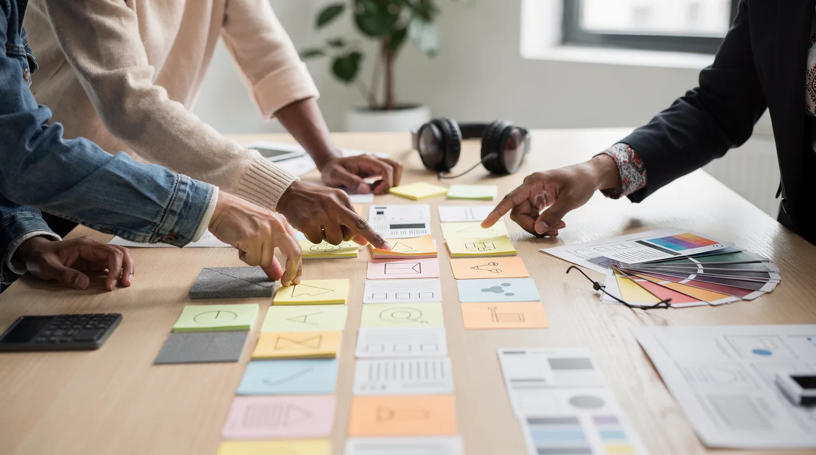 Team collaborating on design principles and accessibility standards, pointing at sticky notes and color swatches.